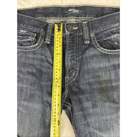 Silver Jeans Men’s Size 33 Dark Blue ZAC Selvedge Thick Stitch Faux Flap *STAIN* - Picture 8 of 16